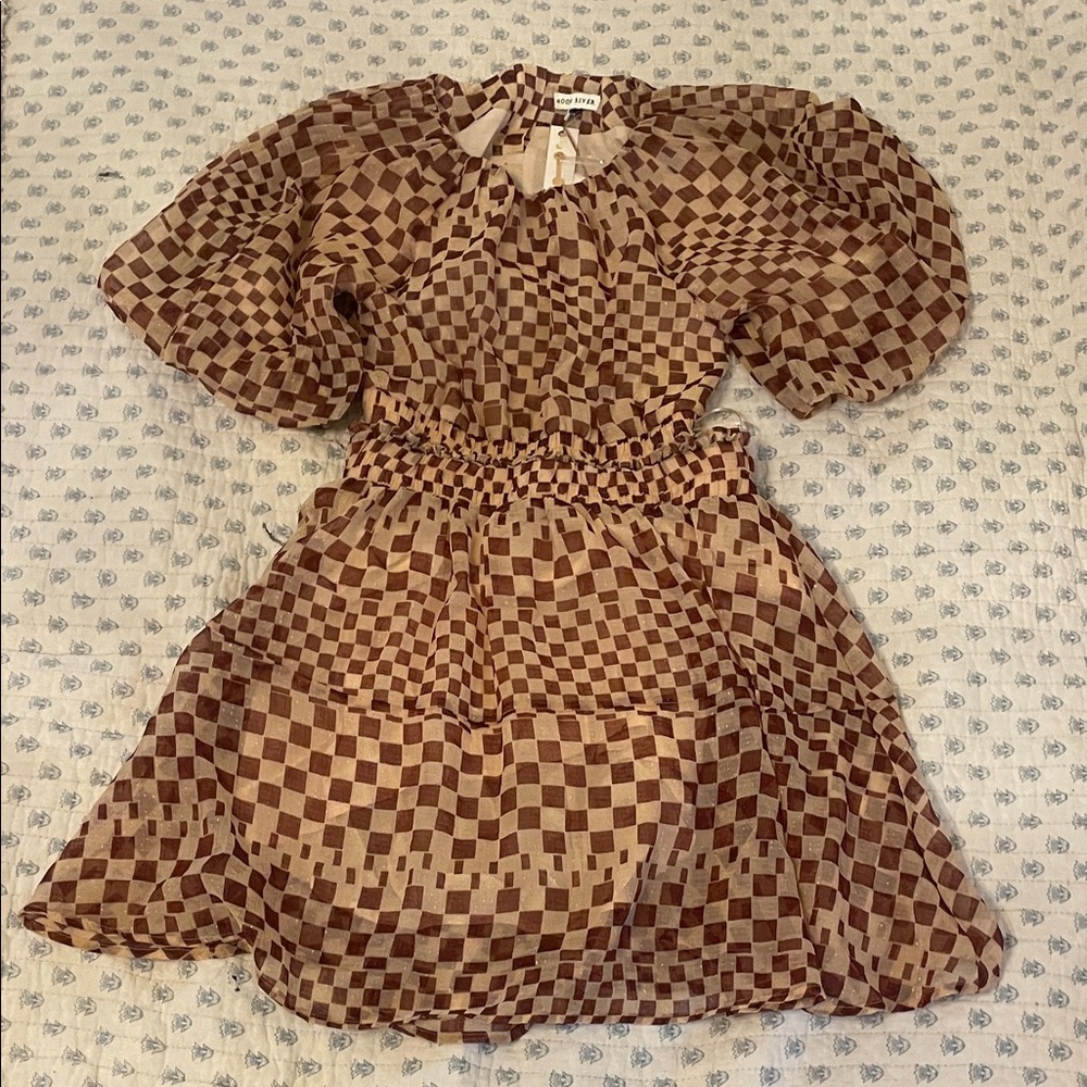 Moon River Checkered Puff Sleeve Mini Dress - Brown & Cream